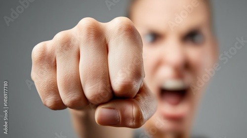 An angry young woman showing her fist. A woman's fist punching towards the camera. Rebuff. A woman stands up against an aggressor. A female fights back domestic violence. Shout. Rebut