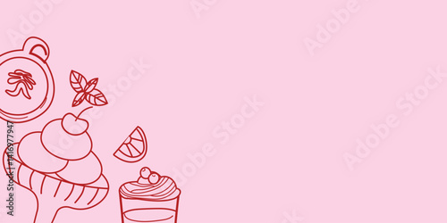 Background with desserts on a pink background. Hand drawn vector illustration. Perfect for restaurant and café menus, food banners, and promotional designs with space for text.