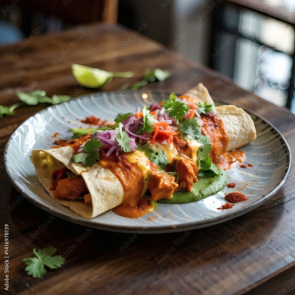A creative fusion dish combining elements of Indian and Mexican cuisines: tandoori chicken enchiladas with vibrant chutney drizzles on a modern plate. A creative fusion dish combining elements of Indian and Mexican cuisines: tandoori chicken enchiladas with vibrant chutney drizzles on a modern plate.
