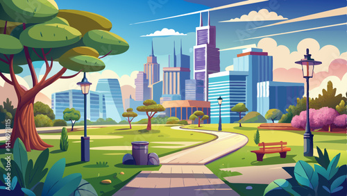Modern city skyline seen behind a quiet urban park with walking paths and trees.