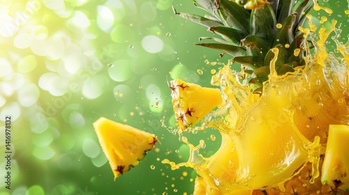 Exuberant pineapple explosion with splashes of juice against blurred green