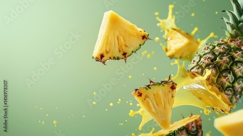 Vibrant pineapple segments with a splash of juice against a cool background