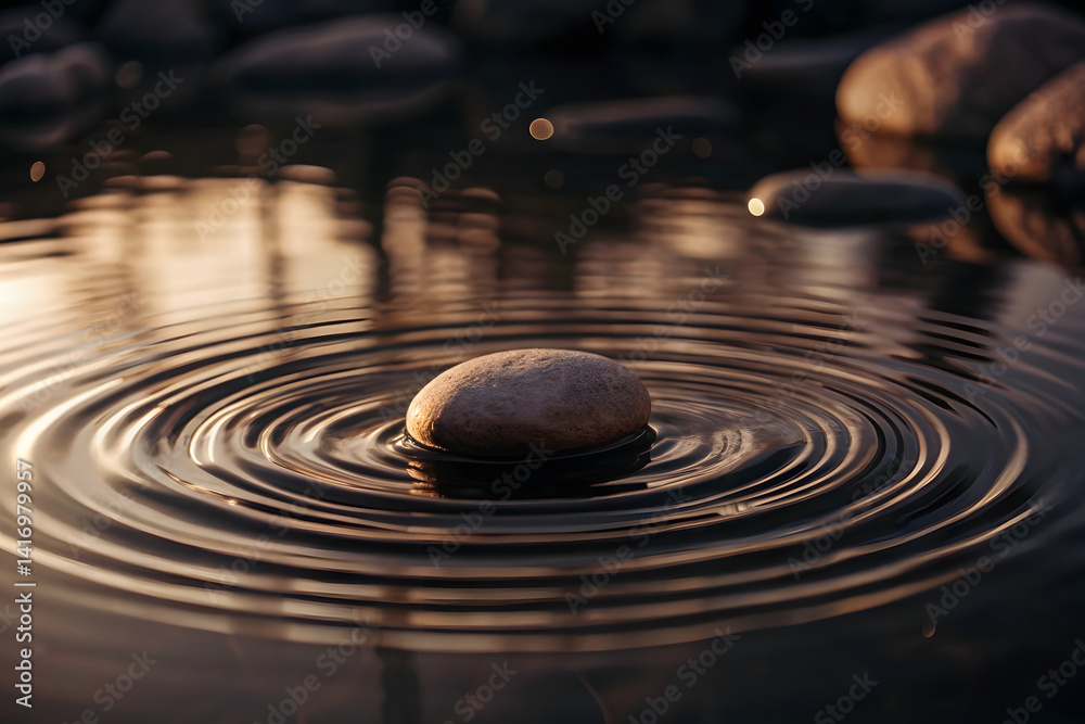 Obraz premium Smooth Stone Creating Ripples in Calm Water Pool Surrounded by Pebbles for Serene Meditation Scenes