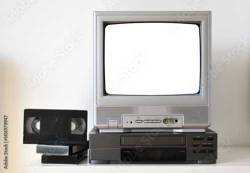 Old silver vintage TV with white screen and VCR from 1980s, 1990s, 2000s isolated on white background.