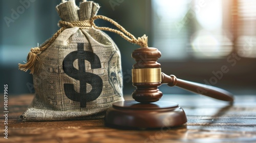 Financial Justice Depicted Through Symbolism: A Gavel Next To a Bag of Money