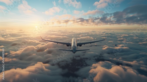Aeroplane Flying High Above Dramatic Cloudscape at Sunset Aviation Journey