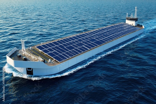 Solar barge sailing on water. Panels covering barge's surface, with navigational structure
