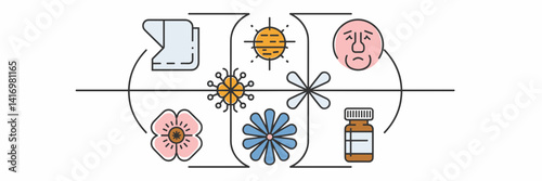 Spring allergy awareness icon set with tissue, pollen, sniffling nose, and medicine