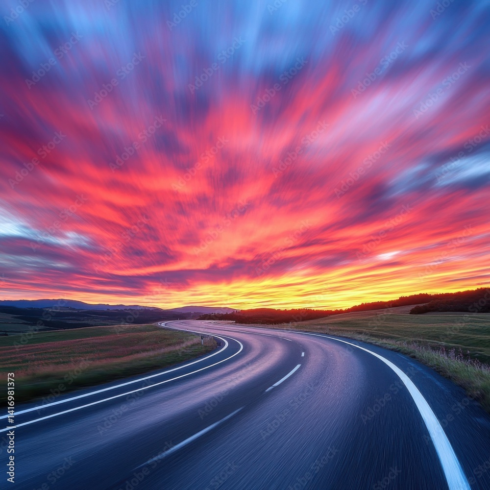 Naklejka premium Curving road under a vibrant sunset sky with red, orange, and yellow hues. Landscape view with distant hills