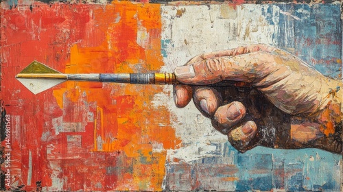 Brightly colored picture with a hand holding an arrow on an abstract background. Great background for creative projects related to purpose or art.