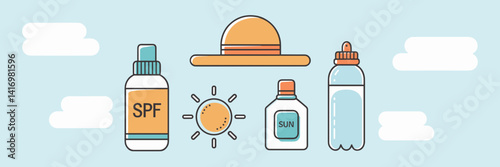 Summer skincare and sun protection icon set on blue sky background – Ideal for seasonal health content or product packaging