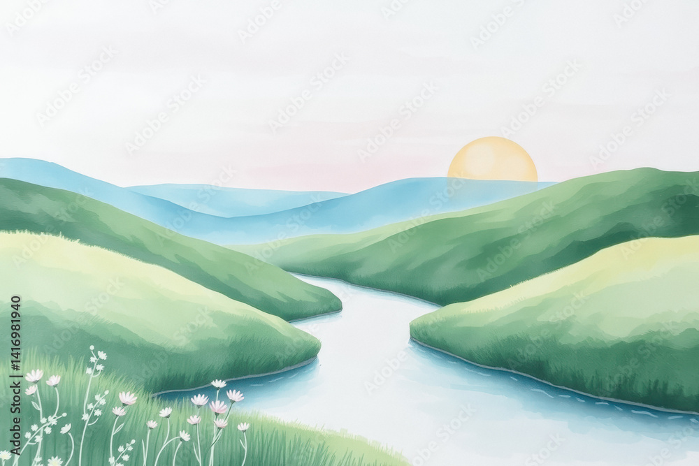 Peaceful Sunrise Over Rolling Hills and River