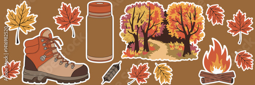 Autumn hiking and camping icons – Perfect for outdoor gear ads, seasonal decor, or fall event promotions