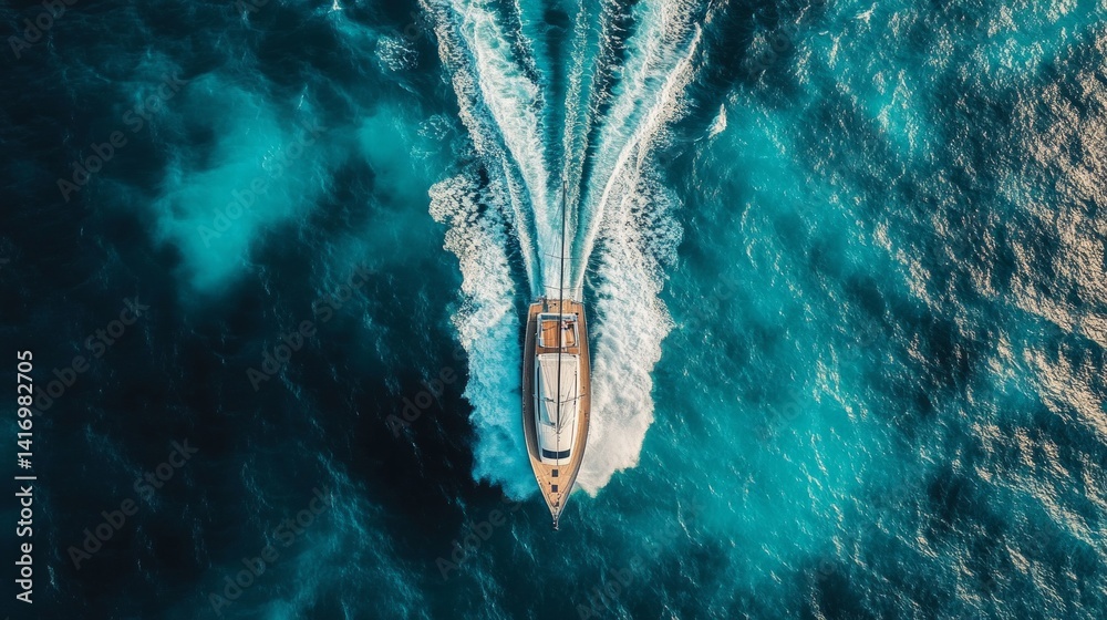 The yacht moves on the waves, creating waves on the sides, top view. Suitable for sea adventures, tourism, outdoor activities.