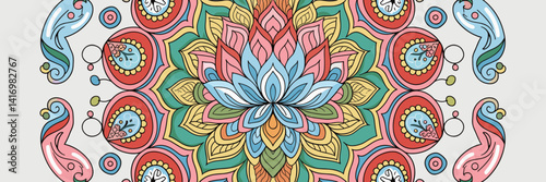 Colorful Indian mandala with lotus flower and om symbol – Perfect for yoga branding, wellness materials, or cultural illustrations.