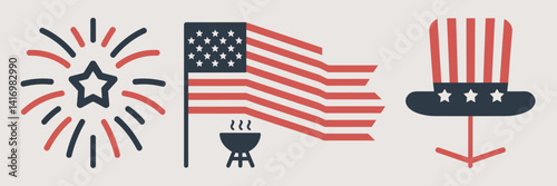 Patriotic flat vector icon set – Suitable for American holidays, event marketing, or festive content creation