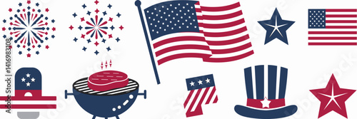Flat 4th of July icon set with patriotic theme – Great for summer BBQ invitations or USA holiday branding