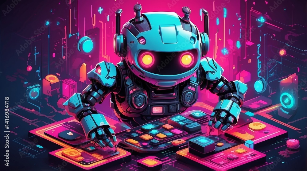 Pixel Art Isometric Robot Avatar with Glowing Controller and Retro UI Elements Pixel Art Isometric Robot Avatar with Glowing Controller and Retro UI Elements