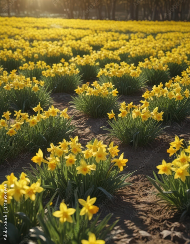 Fototapeta premium Sunlit daffodil field, vibrant yellow blooms, spring , growth, nature, renewal