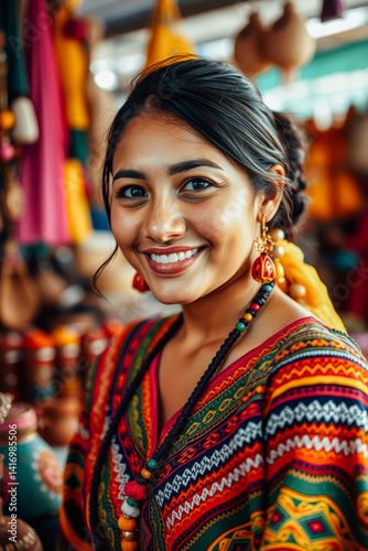 Smiling Woman in Colorful Traditional Outfit