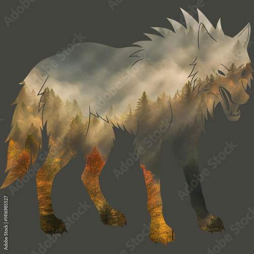 Silhouette of a dire wolf  with sunset landscape with forest trees inside. Images that can change the background color
