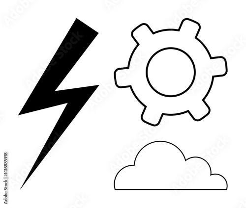 Lightning bolt, gear, and cloud elements connected to energy, innovation, and digital transformation. Ideal for technology, environment, engineering, cloud computing industry power systems