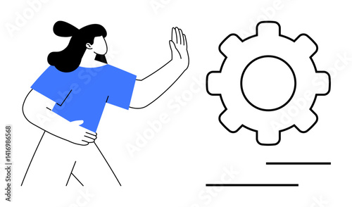 Woman raising hand with gear symbol, conveying control, process, teamwork, or rejection. Ideal for management, workflow, decision-making, innovation leadership communication flat simple metaphor