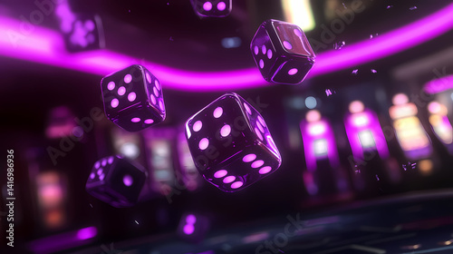 Neon Dice: Dramatic image showcases dice illuminated with neon light, set against a blurred casino background, the dice capture the essence of luck and chance.
