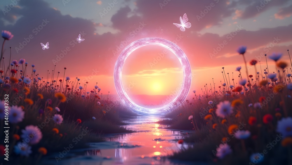 Magical Sunset Portal Fantasy Flower Field with Butterflies