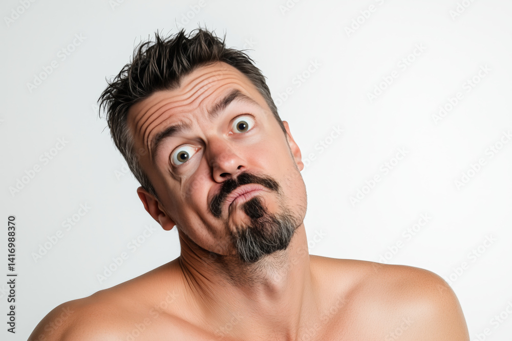 Man makes a funny expression while posing against a plain background Man makes a funny expression while posing against a plain background