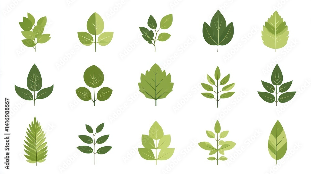 Various stylized depictions of leaves in a flat design. Various stylized depictions of leaves in a flat design.
