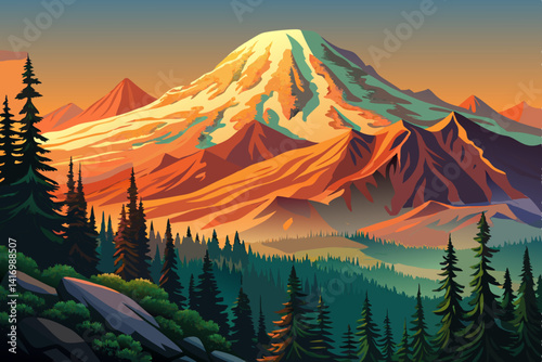 A Hazy Mount Rainier sunset at dusk from Naches peak landscape with beautiful sky