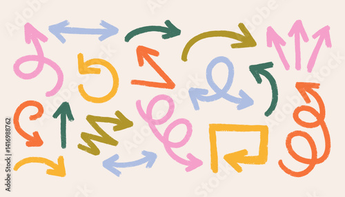 Crayon bold arrows. Doodle arrow collection, child colorful rough pencil pointers direction signs, sketchy lines and marks, simple hand drawn brush elements. Vector arrows set