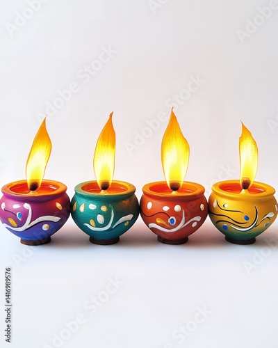 Four Colorful Painted Clay Diyas with Lit Candles for Diwali Festival