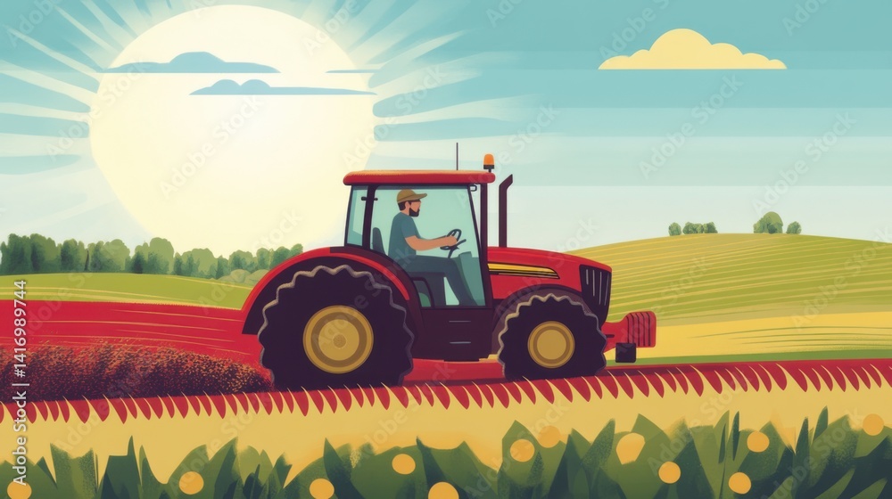 Fototapeta premium Rural landscape with a farmer driving a tractor during sunset on a vibrant field