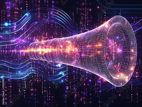 Digital megaphone emitting colorful data streams.