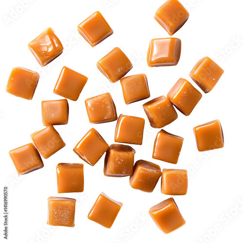 Cubed caramel candies, scattered on a transparent  background, png