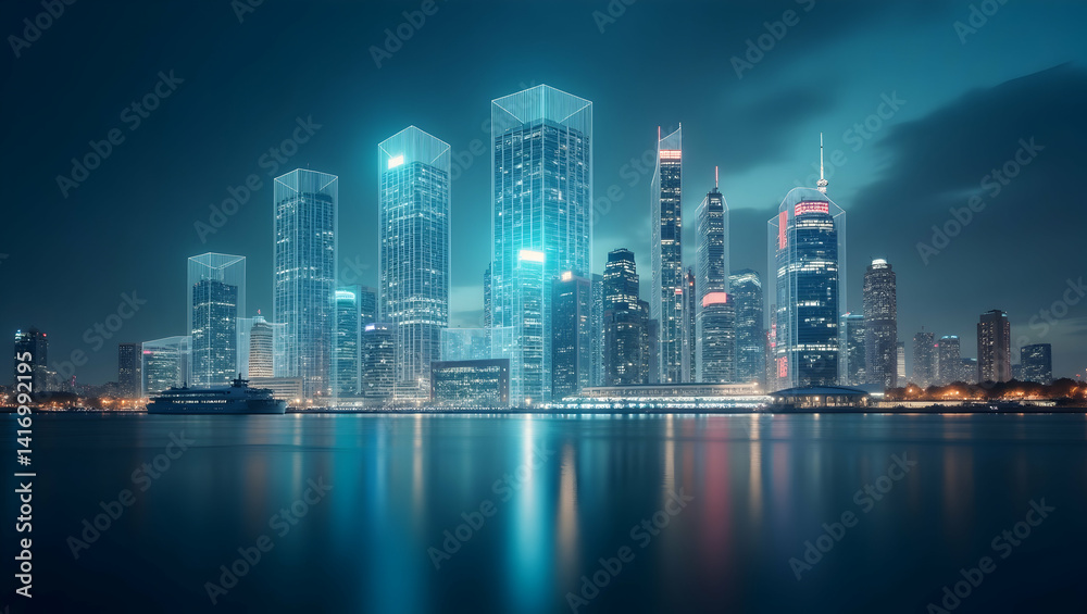 Obraz premium Net Zero Floating holograms above buildings displaying their energy efficiency and sustainability scores (3)