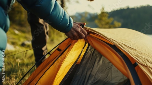 Close-up of hands setting up orange camping tent near lake.