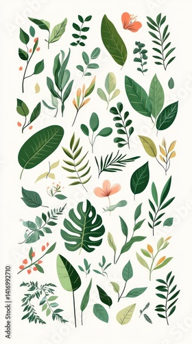 Vibrant botanical collection of various plant elements.