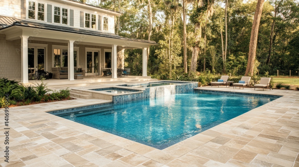 Fototapeta premium Clean and simple pool design featuring linear layout, neutral tones, and sophisticated outdoor minimalism