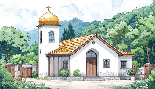 Charming, quaint church nestled amongst lush greenery.