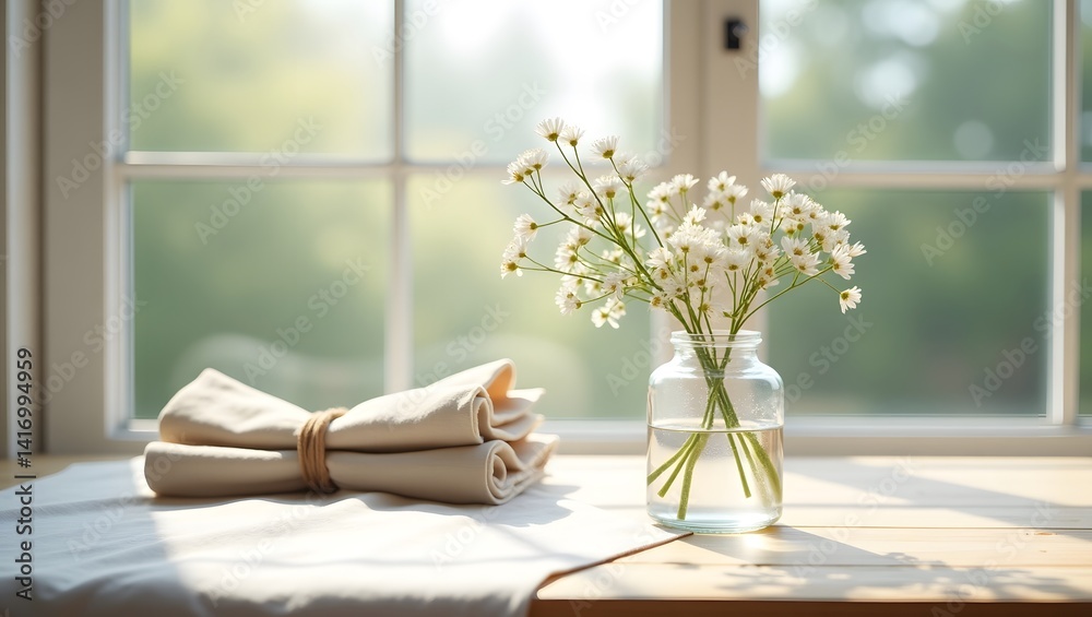Sunny Windowsill Still Life Daisies Linen and Natural Light