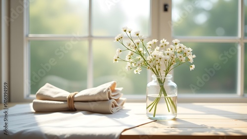 Obraz na płótnie Sunny Windowsill Still Life Daisies Linen and Natural Light w salonie