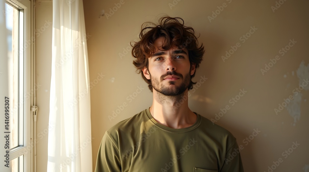 Young Man Portrait Curly Hair Casual Style Green T Shirt Window Light