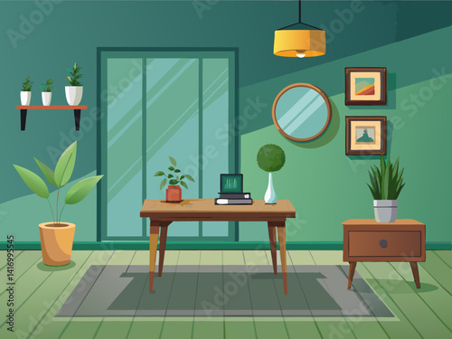 vector of Embrace minimalist chic, with a sage green wall as the focal point of a monochromatic room, accented with a sleek wooden table, an atmosphere of simplicity and...
