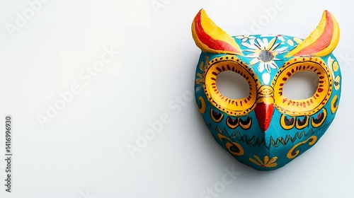 Handcrafted Owl Mask Vibrant Teal Yellow Red Colors Festive Decor