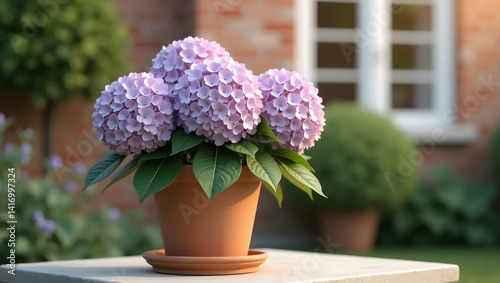 Obraz na płótnie Potted Hydrangea Blooms in Garden Setting w salonie