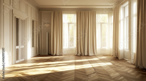 Neutral modern interior with wooden parquet flooring and beige curtains, softly lit by natural daylight from unseen windows