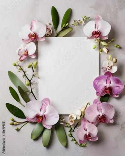 Blank orchid wedding card adorned with floral illustrations.